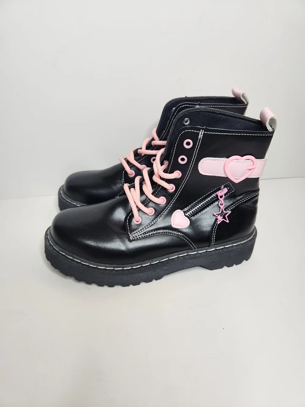 Kids Black Combat Boots with Pink Heart Accents